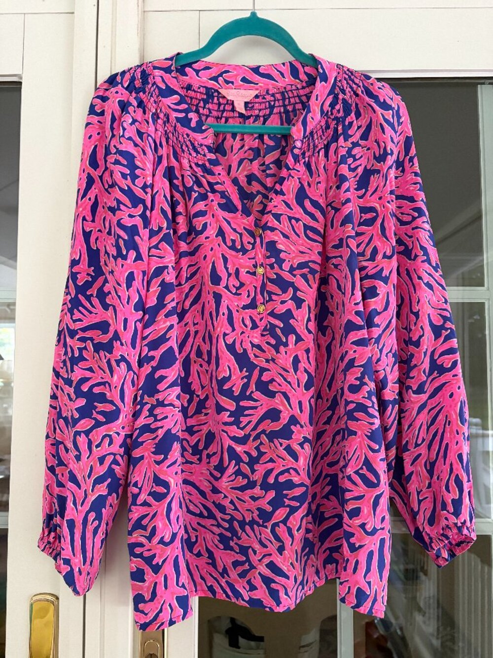 Lilly Pulitzer Elsa Silk Top Pink & Navy Coral Print Size XL
